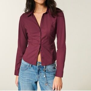 Hollister Women's Burgundy Button-Up babydoll Longsleeve Shirt medium